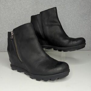Sorel Women's Joan of Artic Black Leather Wedge Heel Ankle Boots 11 waterproof